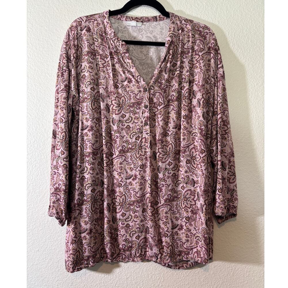Pure Jill by J. Jill Size M Split V-Neck Popover Pink Paisley Long Sleeve Top